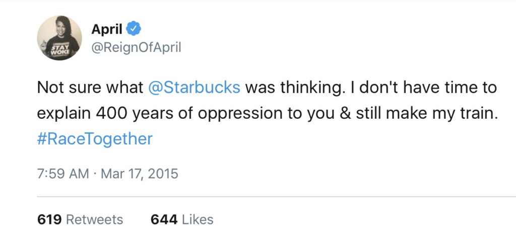 Twitter reaction to Starbucks’ “Race Together” campaign.