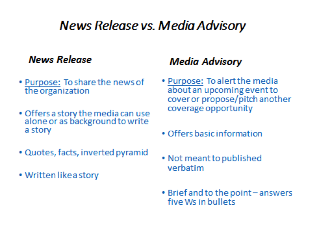 “News Release vs. Media Advisory” by Alyson Moses and Mary Sterenberg is licensed under CC BY 2.0